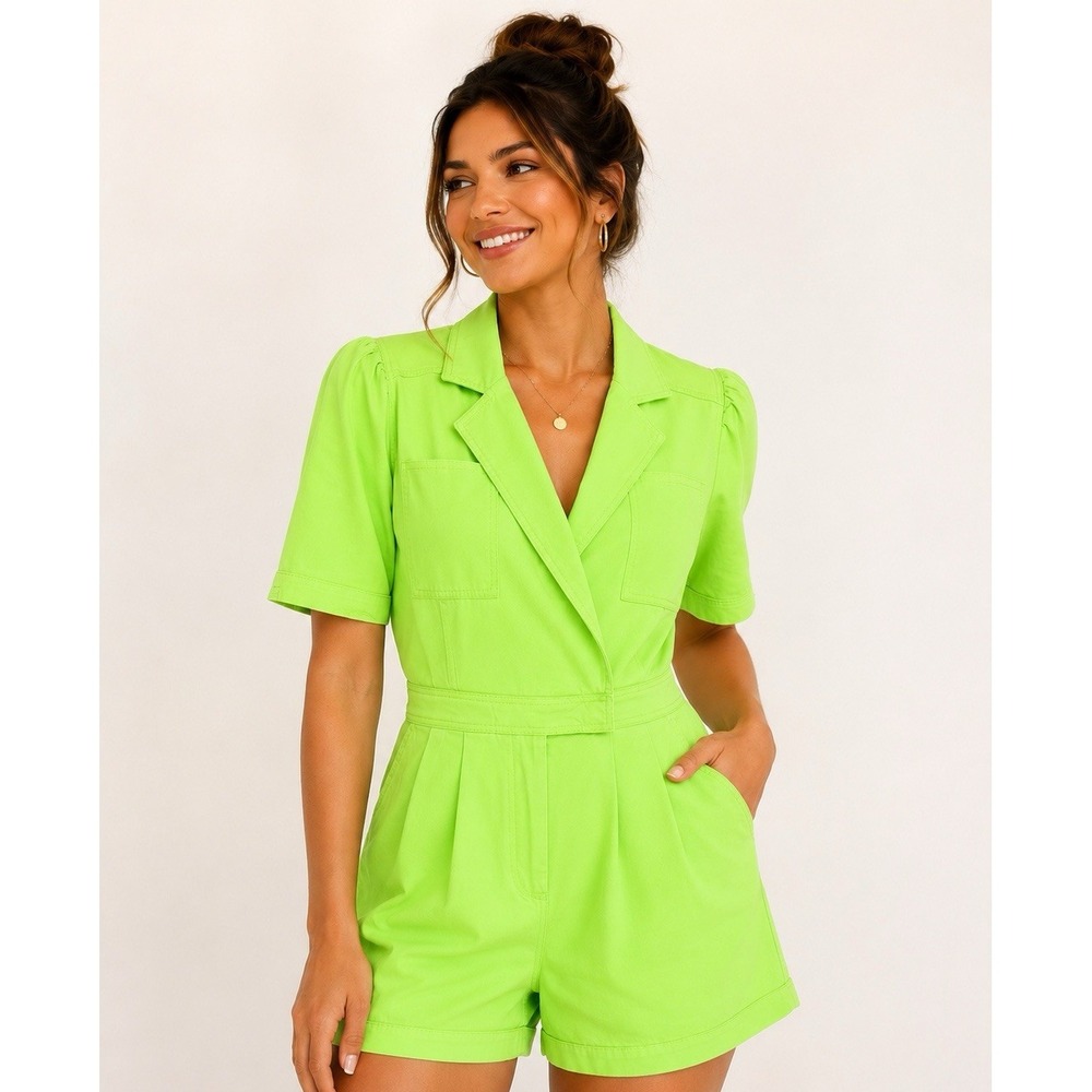 Day + Moon Neon Green Romper Puff Sleeve Stretch Utility Size S